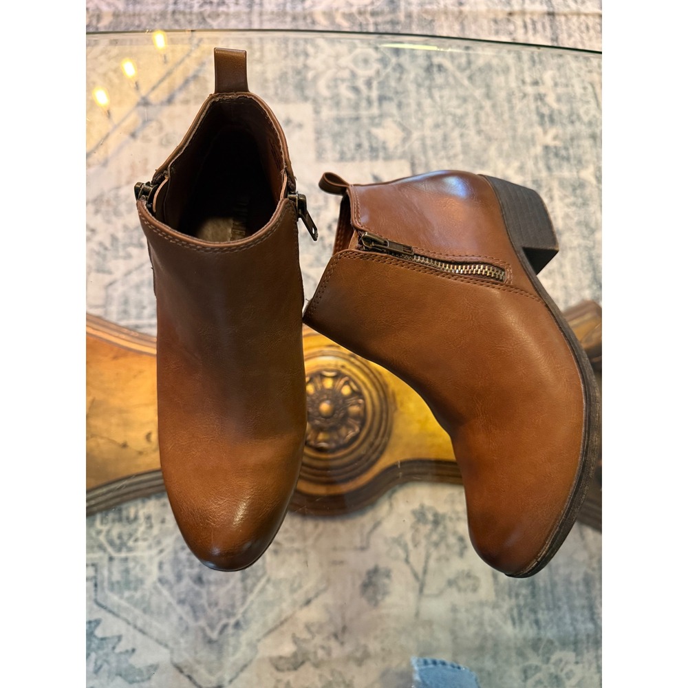 Dunes Dolly Brown Ankle Boots Womens 7.5 M Cognac Faux Leather Block Heel Bootie
